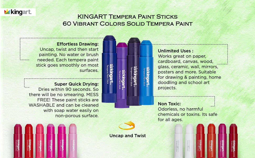 KINGART® Tempera Paint Sticks, 60 Vibrant Colors for Kids, Super Quick Drying, Works Great on Paper Wood Glass Ceramic Canvas