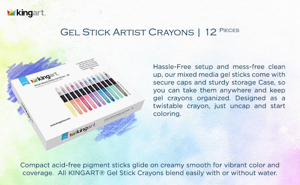 KINGART® Gel Stick Artist Mixed Media Watercolor Crayons, Set of 12 Metallic Colors