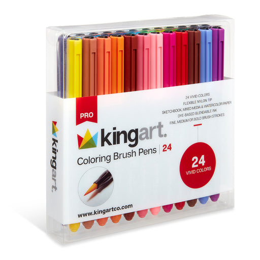 KINGART® PRO Coloring Brush Pen Watercolor Markers, 24 Vivid Colors with Blendable Ink for Fine, Medium, or Bold Brush Strokes - Pro - KINGART®