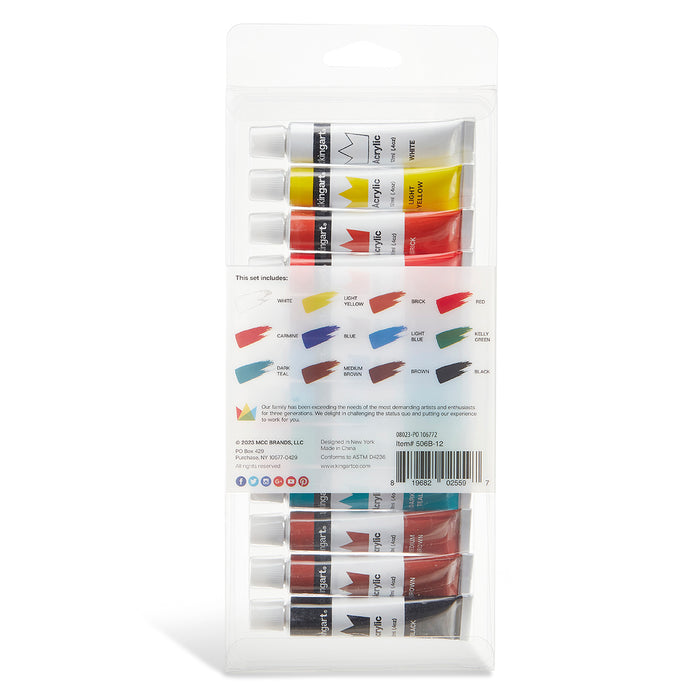 KINGART® Studio Acrylic Paint, 12ml (.4oz), Set of 12 Colors - Studio - KINGART®