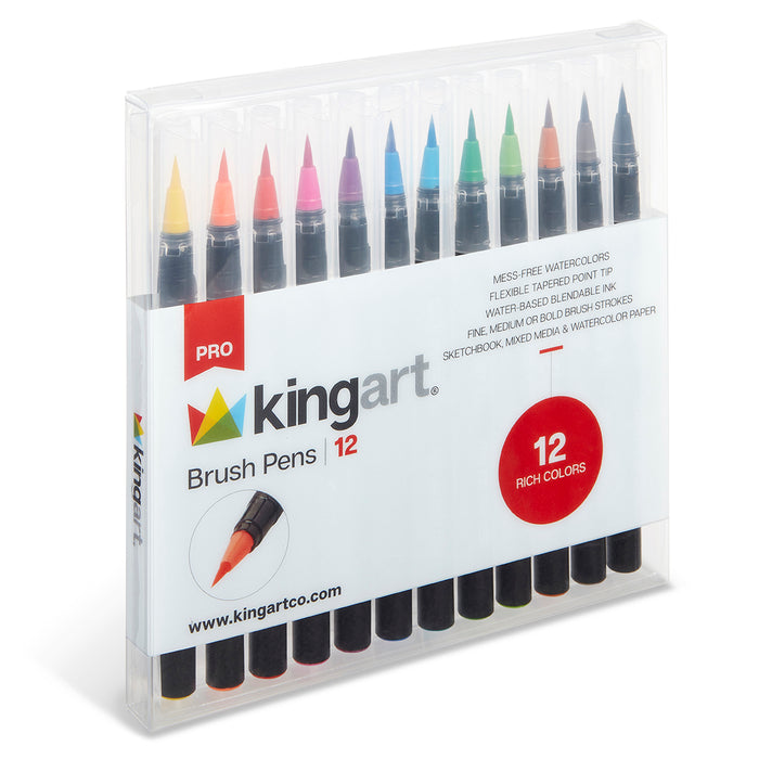 KINGART® Real Brush Watercolor Pens, Set of 12 Unique Colors for Creating Illustrations, Calligraphy, and Watercolor Effects - Pro - KINGART®