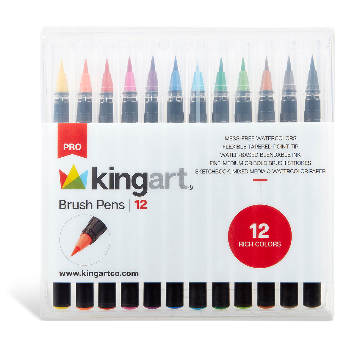 KINGART® Soft Tip Watercolor Brush Marker Set With Case, Set of 12 Unique  Colors