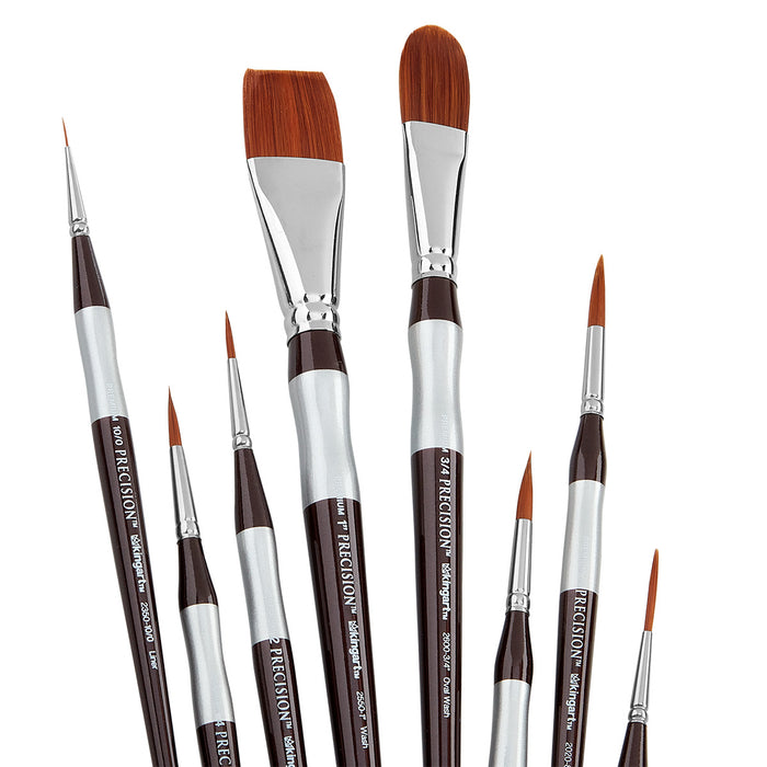 KINGART® Precision™ Series Amber Taklon Brushes, Ergonomic Comfort Handle, Gift Box, Set of 8 - KINGART