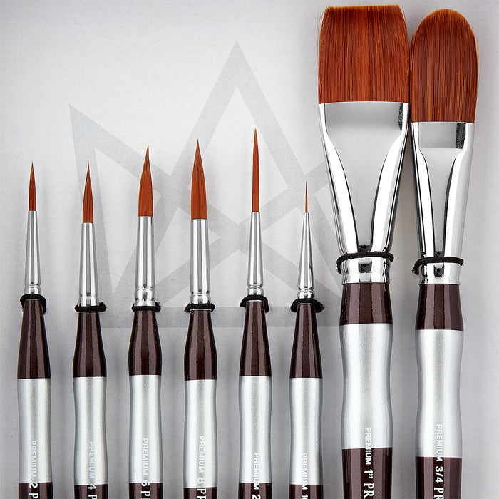 KINGART® Precision™ Series Amber Taklon Brushes, Ergonomic Comfort Handle, Gift Box, Set of 8 - KINGART