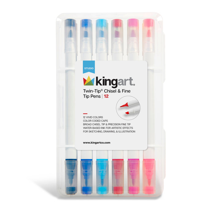 KINGART® Studio Chisel & Fine Tip Markers, Travel Storage Case, Set of 12 Colors - Studio - KINGART