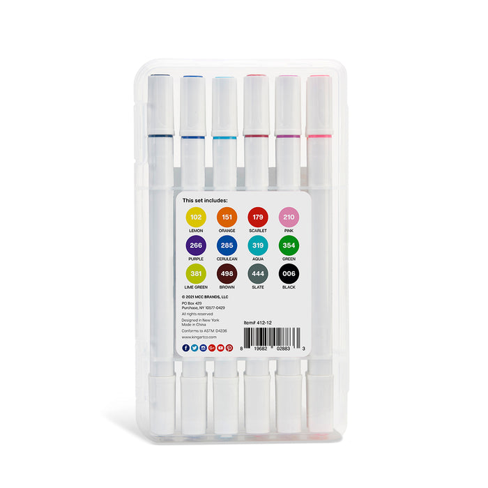 KINGART® Studio Twin-Tip™ Permanent Alcohol-Based Sketch Markers, Storage/Travel Case, Set of 12 Unique Colors - KINGART