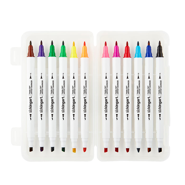 KINGART® Studio Twin-Tip™ Permanent Alcohol-Based Sketch Markers, Storage/Travel Case, Set of 12 Unique Colors - KINGART