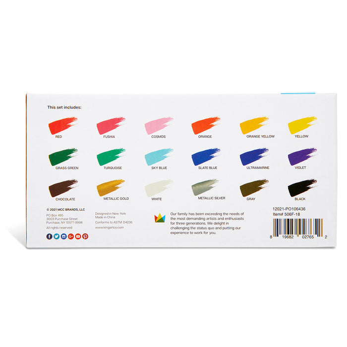 KINGART® Studio Acrylic Craft Paint, 60ml Bottle, Set of 18 Vibrant Colors - KINGART