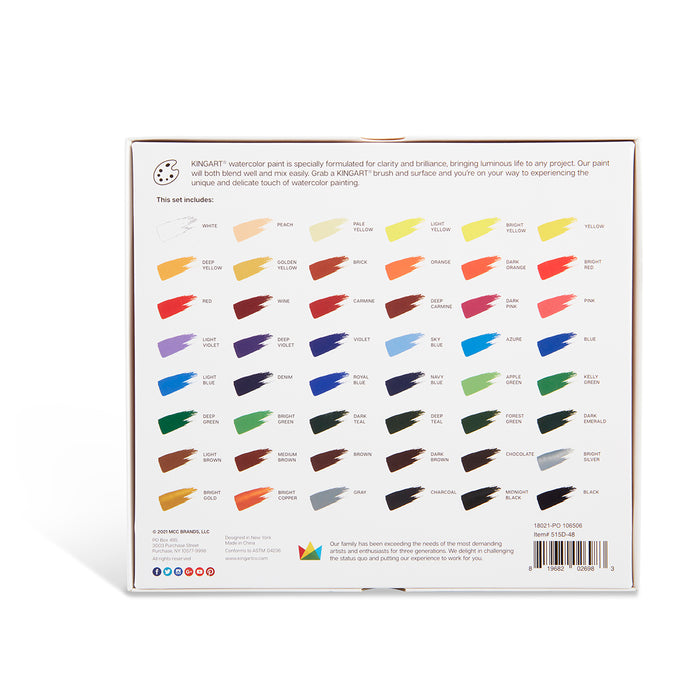 KINGART® Studio Watercolor Paint, 12ml (.4oz), Set of 48 Unique Colors - KINGART