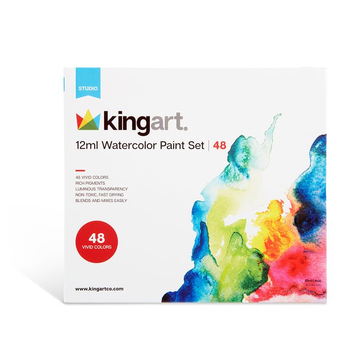 KINGART® Studio Watercolor Paint, 12ml (.4oz), Set of 48 Unique Colors - KINGART