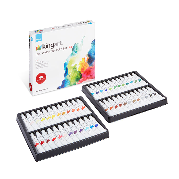 KINGART® Studio Watercolor Paint, 12ml (.4oz), Set of 48 Unique Colors - KINGART