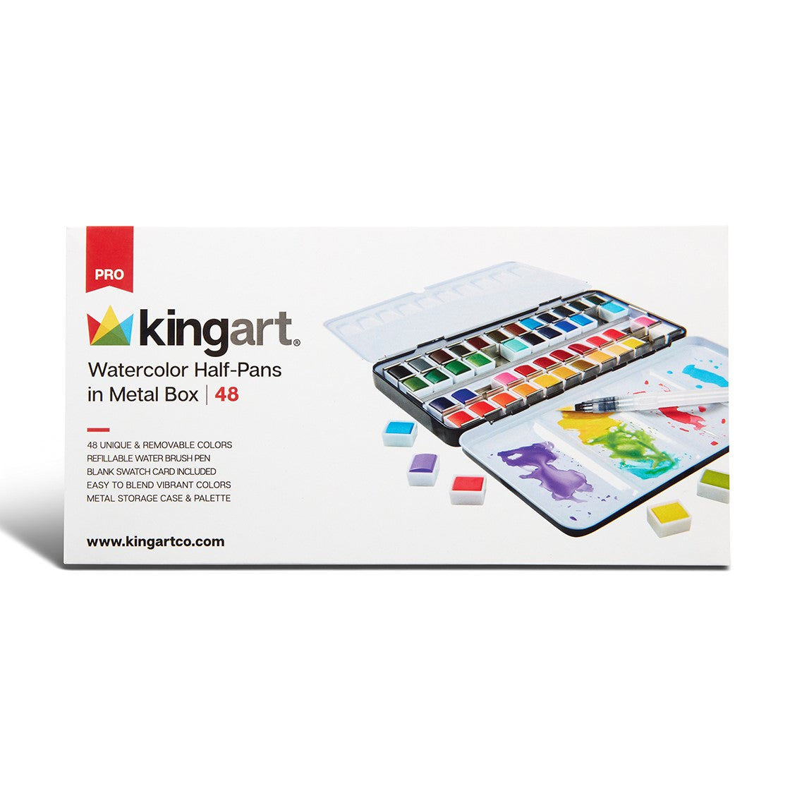 Kingart Pro Artist Watercolor Half-Pans, Tin Box with Water Brush, Set of 48 Vibrant Colors