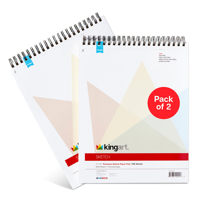 KINGART® Sketch Paper, Pack of 2, 11 x 14 Inches, 100-Sheet Pads, 60lb/90gsm, Spiral-Bound - Studio - KINGART®