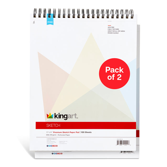 KINGART® Sketch Paper, Pack of 2, 11 x 14 Inches, 100-Sheet Pads, 60lb/90gsm, Spiral-Bound - Studio - KINGART®