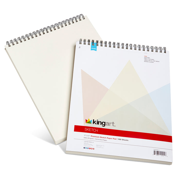 KINGART® Sketch Paper, Pack of 2, 11 x 14 Inches, 100-Sheet Pads, 60lb/90gsm, Spiral-Bound - Studio - KINGART®