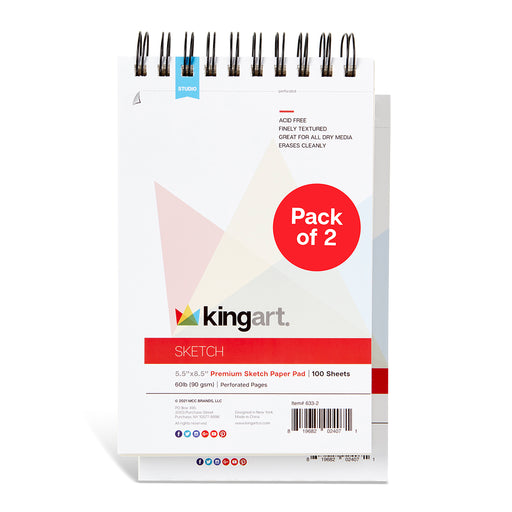 KINGART® Sketch Paper, Pack of 2, 5.5 x 8.5 Inches, 100-Sheet Pads, 60lb/90gsm, Spiral-Bound - Studio - KINGART®