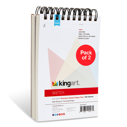 KINGART® Sketch Paper, Pack of 2, 5.5 x 8.5 Inches, 100-Sheet Pads, 60lb/90gsm, Spiral-Bound - Studio - KINGART®