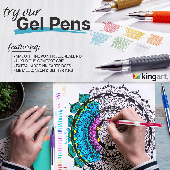 KINGART® Soft Grip Metallic Gel Pens, XL 2.5mm Ink Cartridge, Set of 20 Unique Colors - Studio - KINGART®