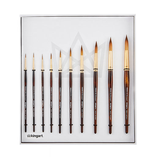 KINGART® Finesse™ Kolinsky Sable Synthetic Blend Watercolor Brushes, Set of 10 - Premium - KINGART®