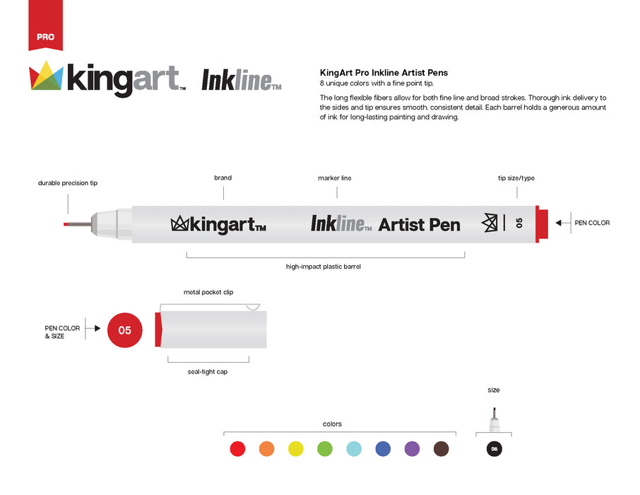 KINGART® Inkline™ Fine Line Art & Graphic Pens, Archival Japanese Ink, Set of 8 Unique Colors, Size 05 - KINGART