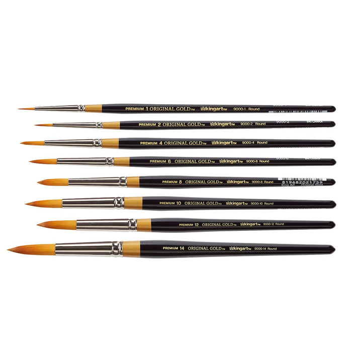 KINGART® Original Gold® 9000 Series Golden Taklon Round Brushes, Set of 8 Unique Sizes - KINGART