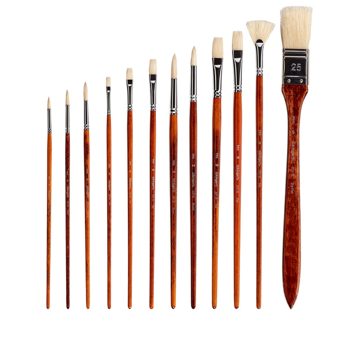 KINGART® PRO Long Handle Natural Hog Bristle Brushes, Oil & Acrylic Painting, Storage Case, Set of 12 - KINGART