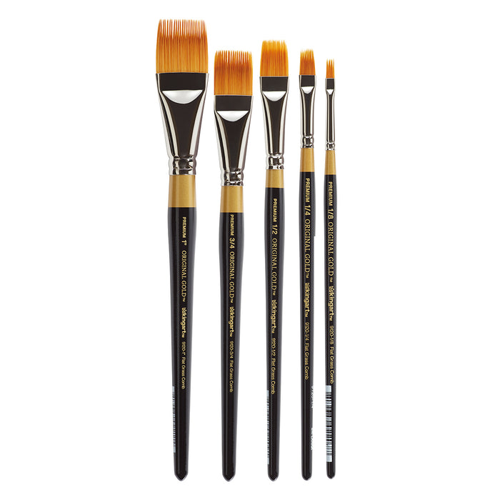 KINGART® Original Gold® 9120 Flat Rake™ Series Premium Golden Taklon Multimedia Artist Brushes, Set of 5 - Premium - KINGART