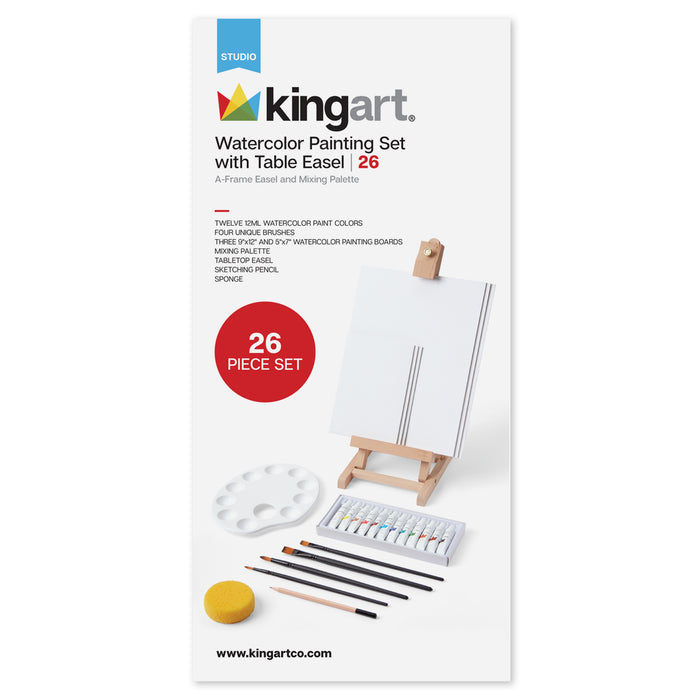 KINGART® Studio Watercolor Painting Set with Table Easel, 26 Piece Set - KINGART