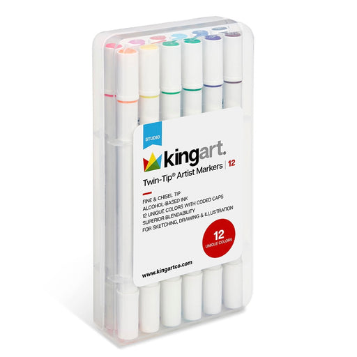 KINGART® Studio Twin-Tip™ Permanent Alcohol-Based Sketch Markers, Storage/Travel Case, Set of 12 Unique Colors - KINGART