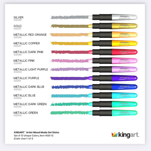 KINGART® Gel Stick Artist Mixed Media Crayons, Set of 12 Metallic Colors - KINGART