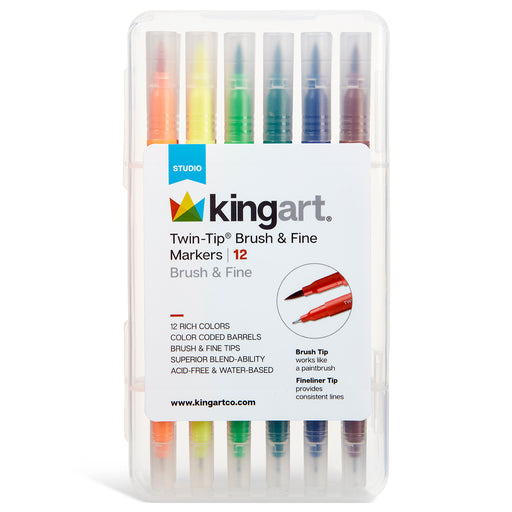 KINGART® Studio Twin-Tip™ Brush & Ultra Fine Markers, Carrying Case, Set of 12 Unique Colors - Studio - KINGART®