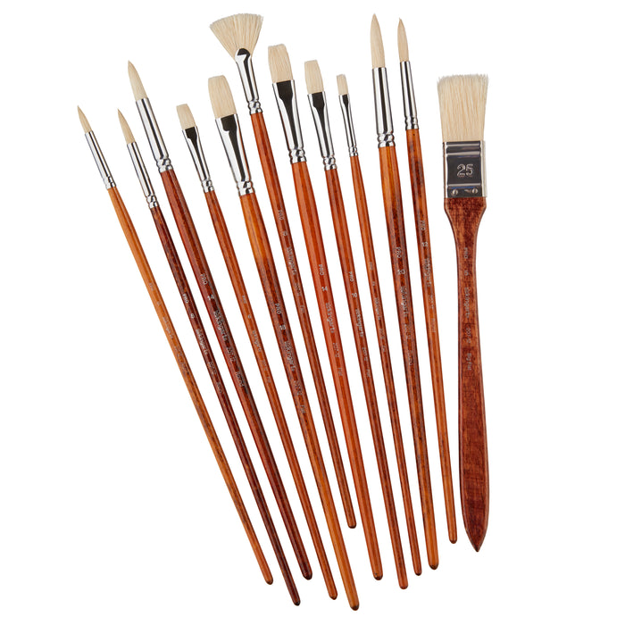 KINGART® PRO Long Handle Natural HOG Bristle Brushes, Oil & Acrylic Painting, Storage Case, Set of 12 - KINGART