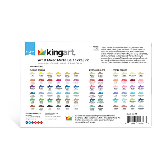 KINGART® Gel Stick Artist Mixed Media Crayons, Set of 72 Unique Colors - KINGART