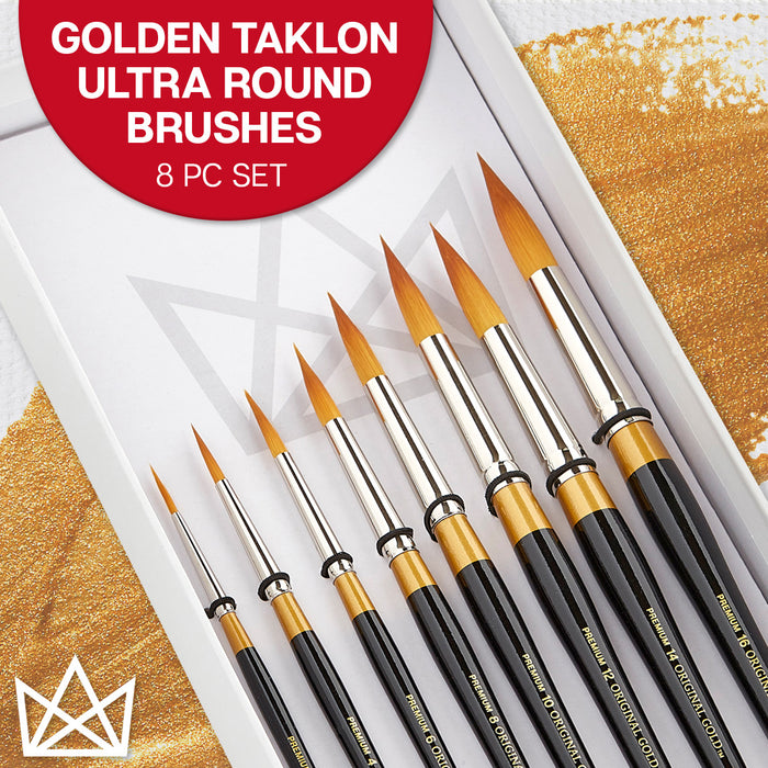 KINGART® Original Gold® 9020 Ultra Round™ Series Premium Golden Taklon, Multimedia Artist Brushes, Gift Box, Set of 8 - Premium - KINGART®