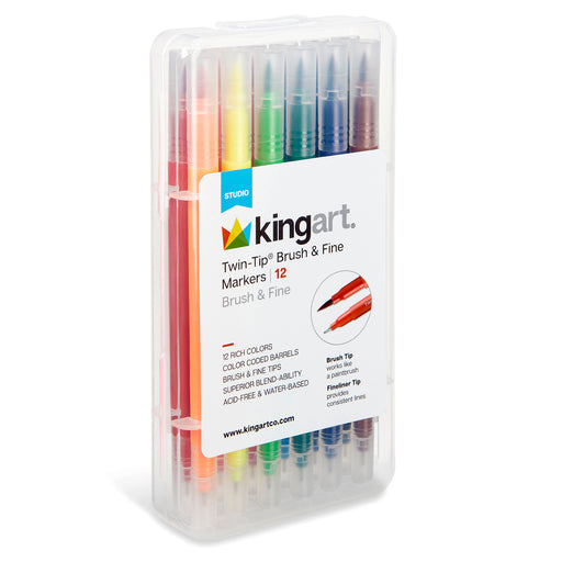 KINGART® Studio Twin-Tip™ Brush & Ultra Fine Markers, Carrying Case, Set of 12 Unique Colors - Studio - KINGART®