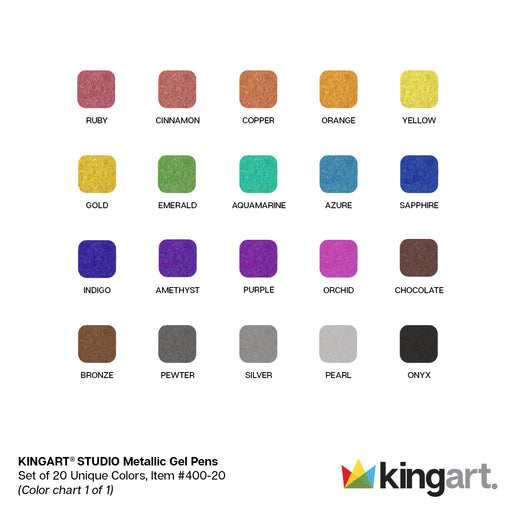 KINGART® Soft Grip Metallic Gel Pens, XL 2.5mm Ink Cartridge, Set of 20 Unique Colors - KINGART