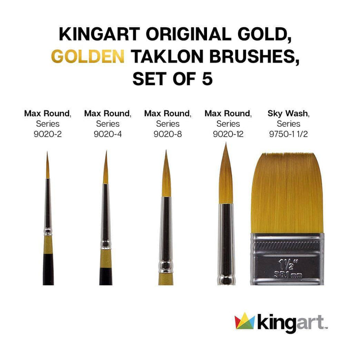 KINGART® Original Gold® Series, Golden Taklon Brushes, Gift Box, Set of 5 - KINGART