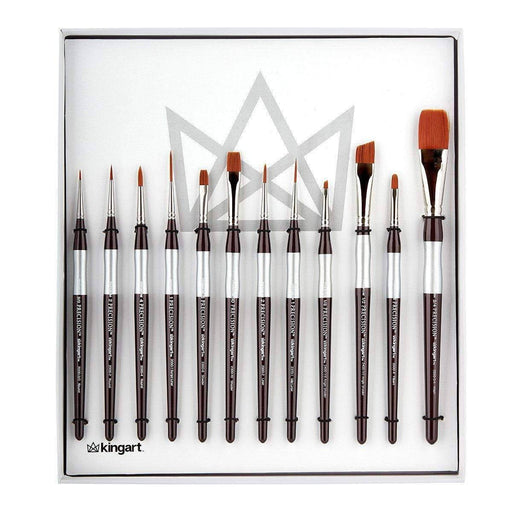 KINGART® Precision™ Series Amber Taklon Brushes, Ergonomic Comfort Handle, Gift Box, Set of 12 - KINGART