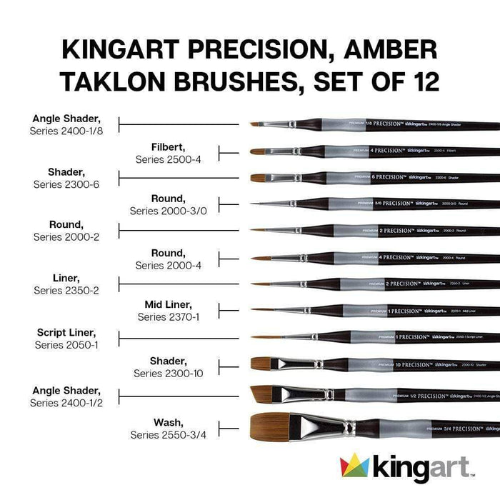 KINGART® Precision™ Series Amber Taklon Brushes, Ergonomic Comfort Handle, Gift Box, Set of 12 - KINGART