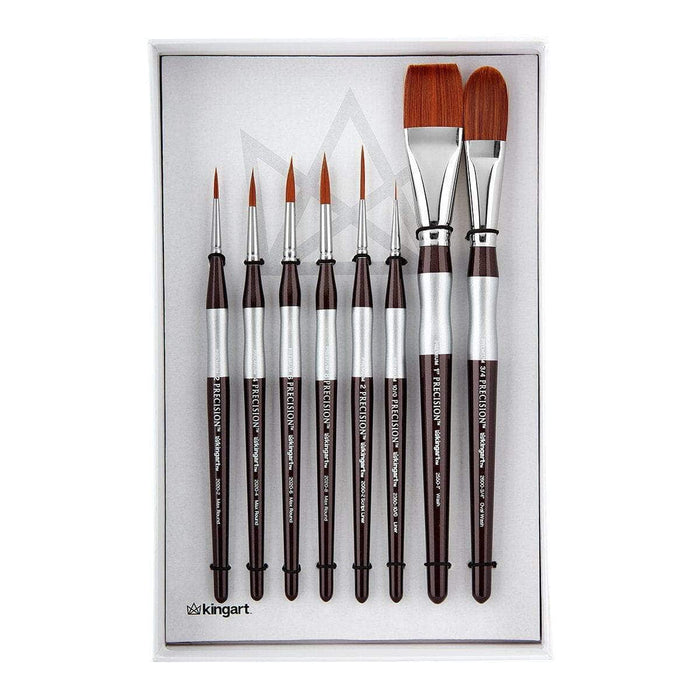 KINGART® Precision™ Series Amber Taklon Brushes, Ergonomic Comfort Handle, Gift Box, Set of 8 - KINGART