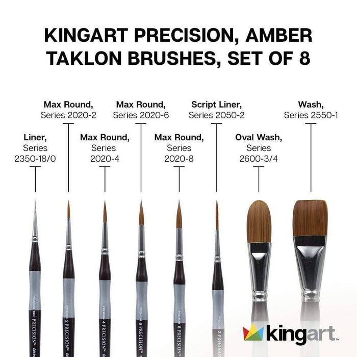 KINGART® Precision™ Series Amber Taklon Brushes, Ergonomic Comfort Handle, Gift Box, Set of 8 - KINGART