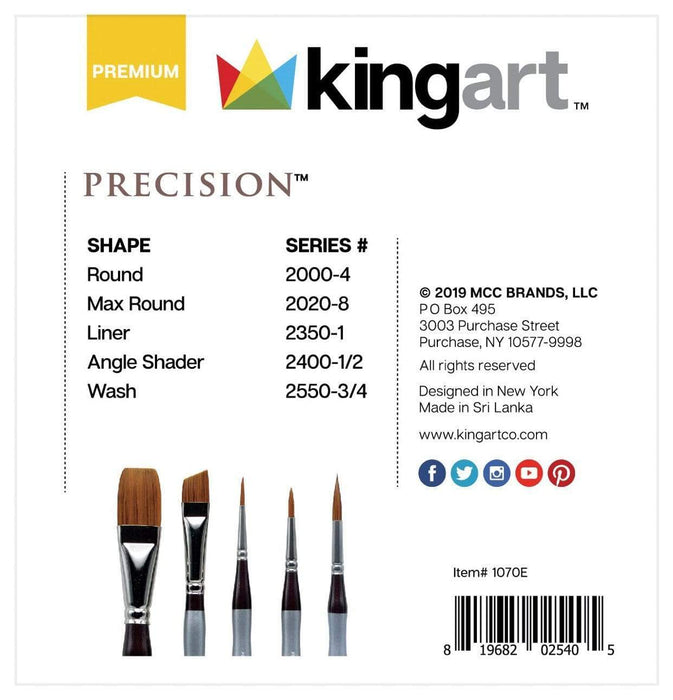 KINGART® Precision™ Series Synthetic Blend Brushes, Ergonomic Comfort Handle, Gift Box, Set of 5 - KINGART