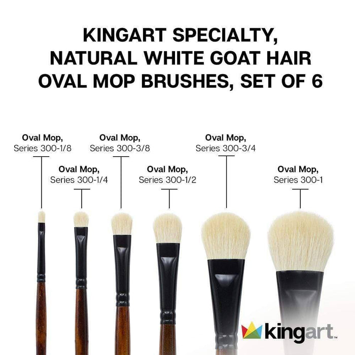 KINGART® Premium Specialty Oval Mop Artist Brushes, White Super-Soft Natural Goat Hair, Set of 6 Sizes - KINGART