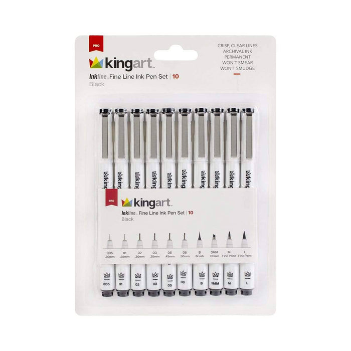 KINGART® Inkline™ Fine Line Art & Graphic Pens, Archival Black Japanese Ink, Set of 10 Unique Tips - KINGART