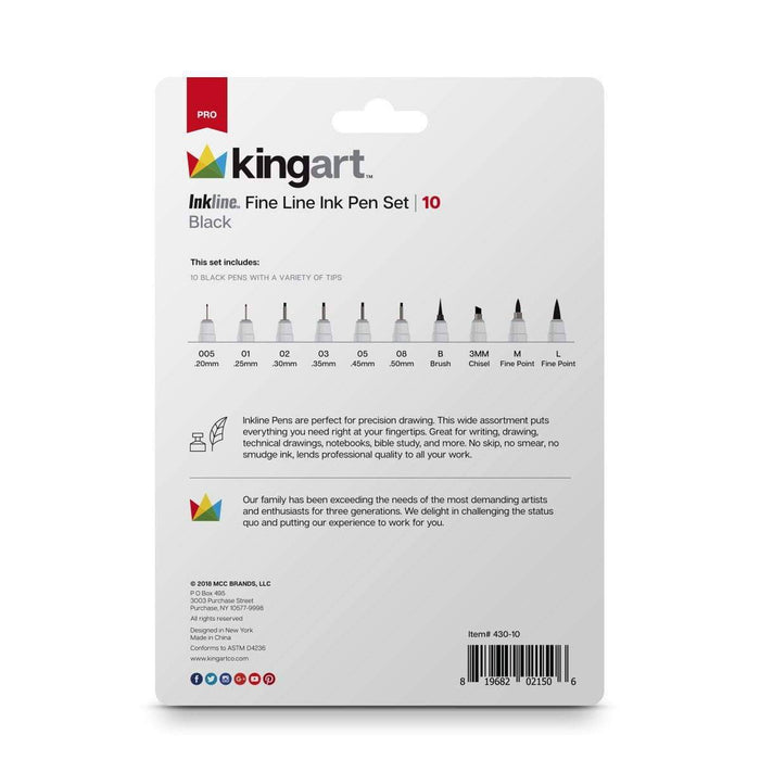 KINGART® Inkline™ Fine Line Art & Graphic Pens, Archival Black Japanese Ink, Set of 10 Unique Tips - KINGART