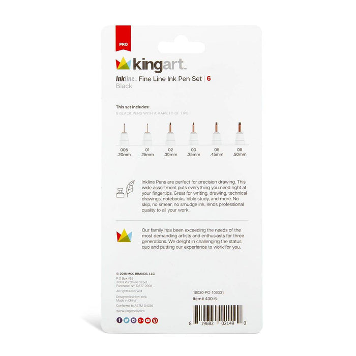 KINGART® Inkline™ Fine Line Art & Graphic Pens, Archival Black Japanese Ink, Set of 6 Unique Tips - KINGART