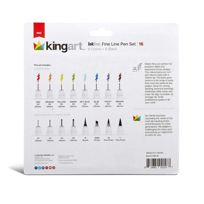 KINGART® Inkline™ Fine Line Art & Graphic Pens, Archival Japanese Ink, Set of 16 Unique Pens - KINGART