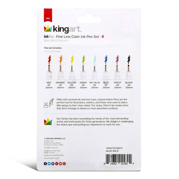 KINGART® Inkline™ Fine Line Art & Graphic Pens, Archival Japanese Ink, Set of 8 Unique Colors, Size 08 - KINGART