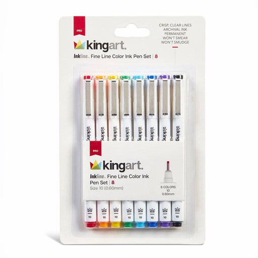 KINGART® Inkline™ Fine Line Art & Graphic Pens, Archival Japanese Ink, Set of 8 Unique Colors, Size 10 - KINGART