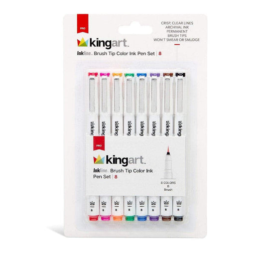 KINGART® Inkline™ Fine Line Art & Graphic Pens, Archival Japanese Ink, Set of 8 Unique Colors, Size B Brush Tips - KINGART